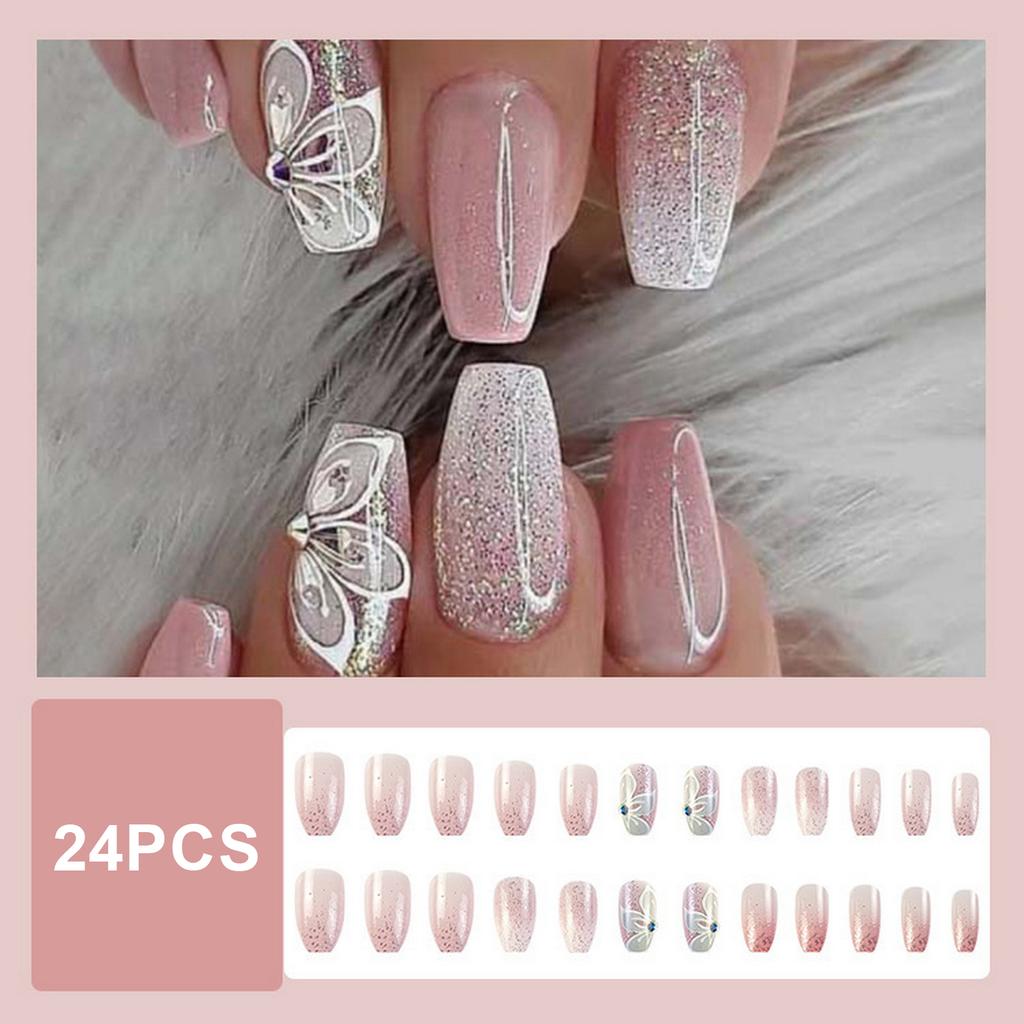 Butterfly Cat Eyes Fake Nails 24Pcs Gradient Glitter Design For Party And Daily Use