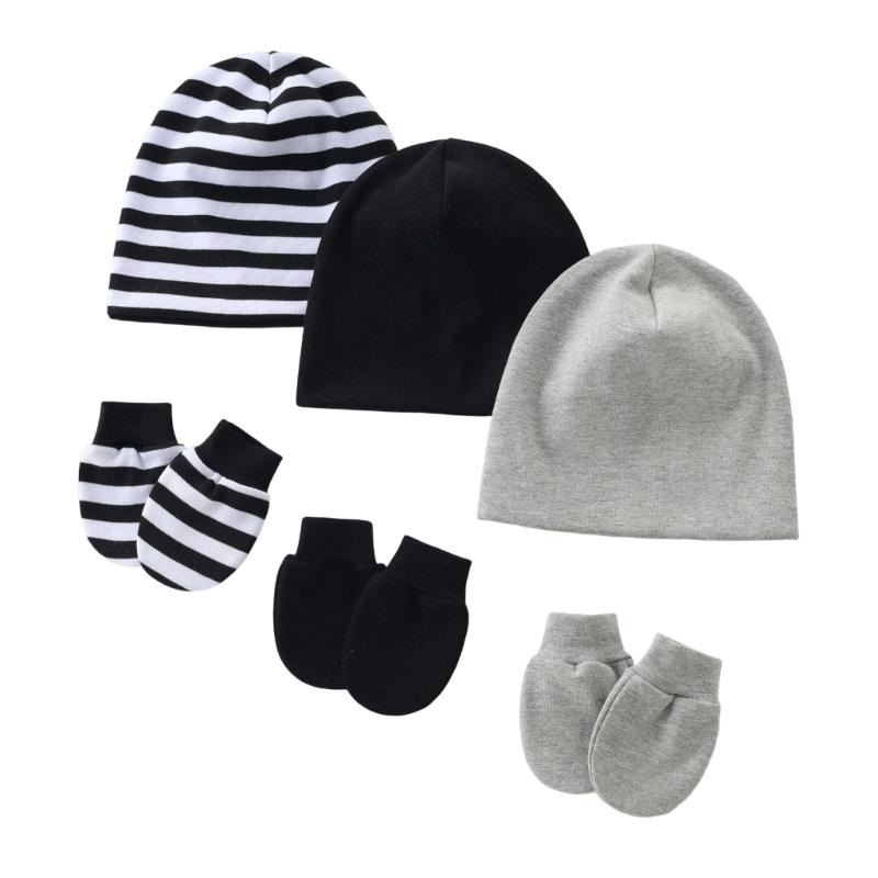 3 Set Baby Bonnet Caps Newborns Fetal Hat Fashionable Brimless Hat Trendy Headgear with Soft Anti-grab Mittens Gloves