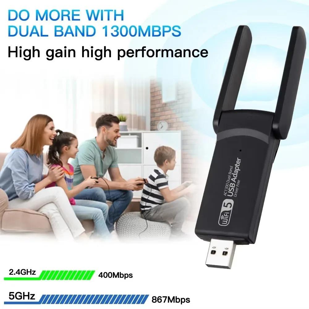 1300Mbps USB WiFi Adapter 2.4G/5GHz Dual Band Network Adapter 802.11AC WiFi 2 Antenna Dongle For PC/Laptop Driver Free Win10/11