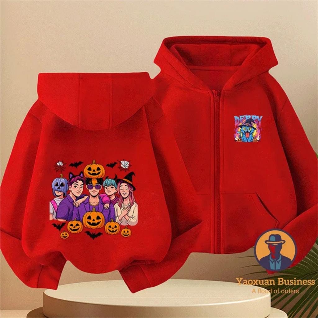 New KPop Devil Hunter Boys and Girls Children's Zipper Hoodie Cute Cartoon Print Warm Halloween Autumn/Winter Fashion Clothing