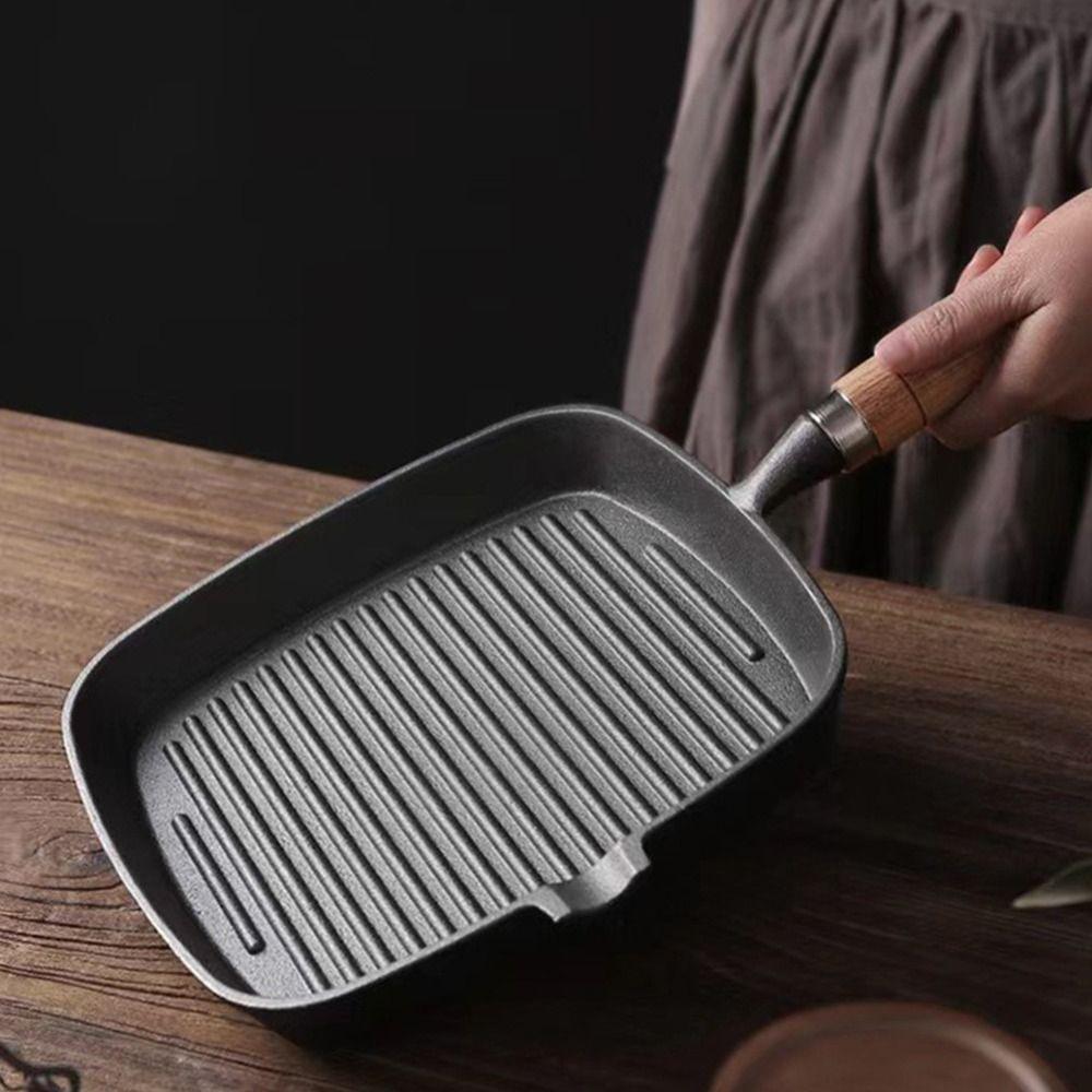 Sartén de Hierro Fundido para Bistec Mango de Madera Olla para Freír Bistec Sartén Antiadherente Premium Interior