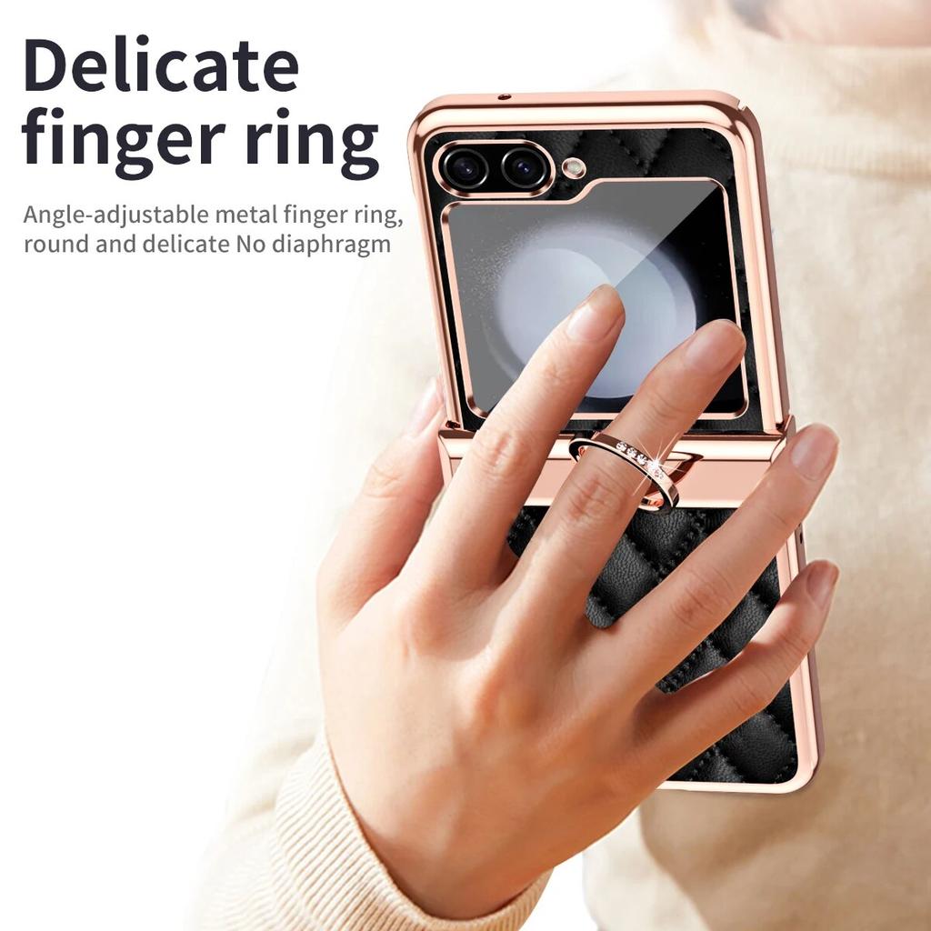 Ring Holder Hinge Protection Leather Case for Samsung Galaxy Z Flip 5 4 3 5G Small Fragrant Wind Shockproof Cover