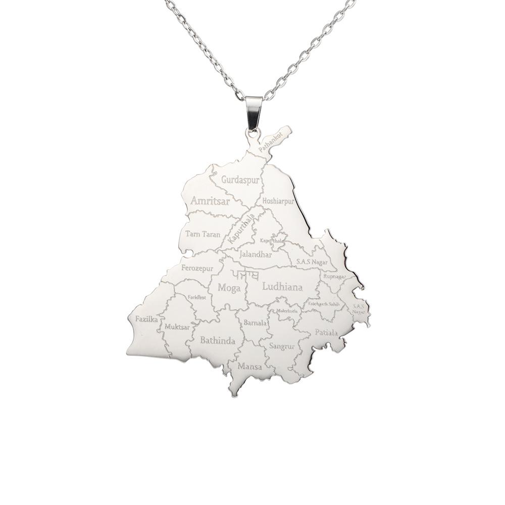 India Punjab State Map Pendant Necklace for Man Stainless Steel Box Chain Geography Country Necklaces Ethnic Jewelry