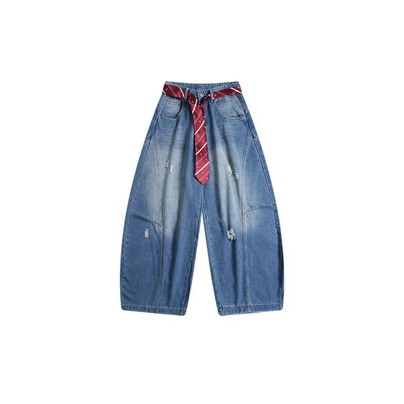 3D Textured Pleated Bootcut Jeans Men Women Streetwear Washed Distressed Casual Pants