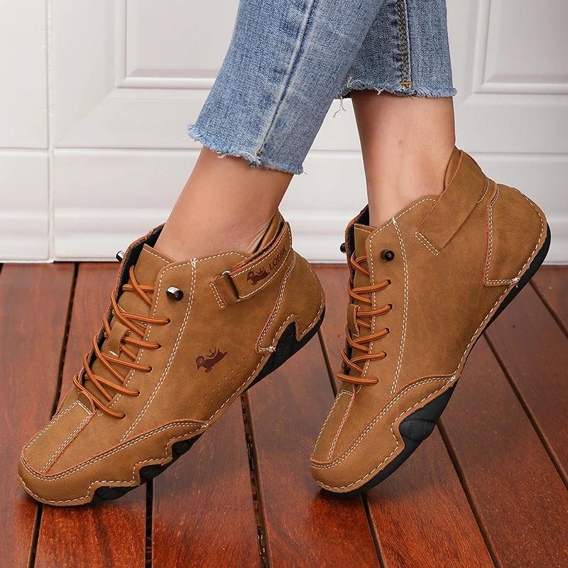 Khakifarbene Damenstiefel Trendige Bequeme Weichsohlige High-Top-Stiefel Vielseitige Modische Pendel-Motorrad-Damen-Sneakers