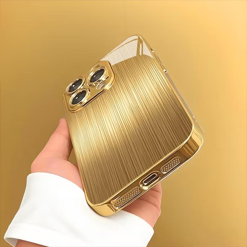 Gold Vertical Stripe Creative Electroplated Glass Phone Case Suitable for iPhone 17 16 15 14 13 12 11
