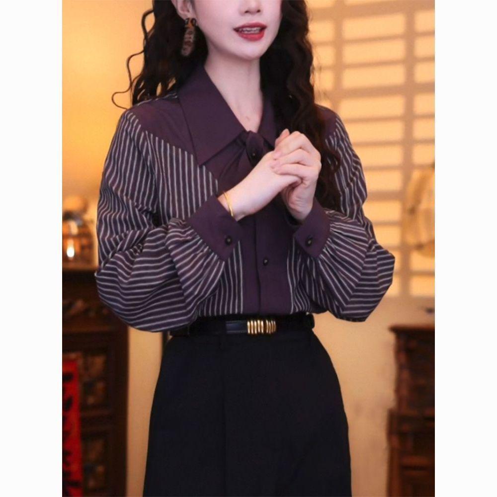 Hong Kong Retro Striped Women's Long-Sleeve Shirt - 2025 Autumn Lightweight High-End Stylish Casual Top
