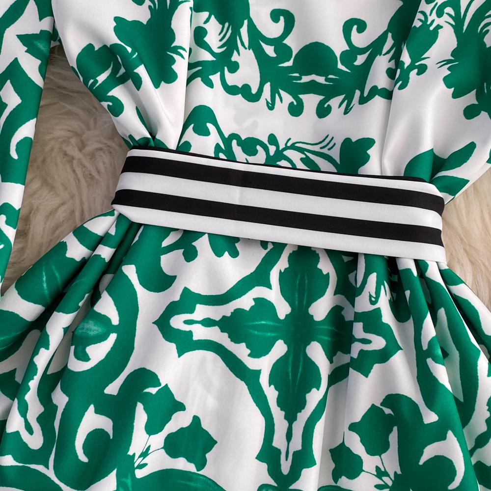 Podzimní móda Bohémský geometrický potisk květin Dlouhé společenské šaty maxi Dámské Popelín Stojánek Límec Lucerna Rukáv Šněrování Šaty na dovolenou