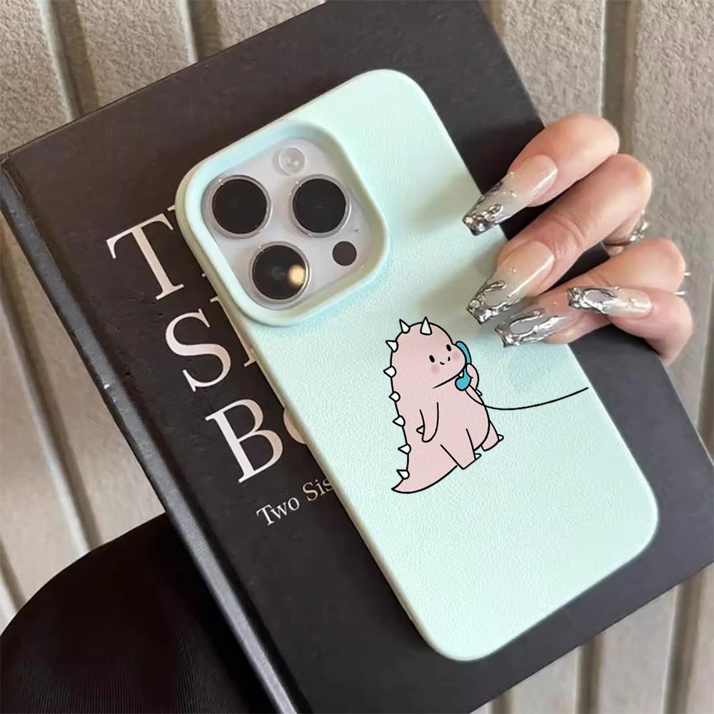 Adorable Talking Dinosaur Pair Couple Case For iPhone 17 Air 16 15 14 13 12 11 Pro Max Plus X Litchi Texture Protective Cover