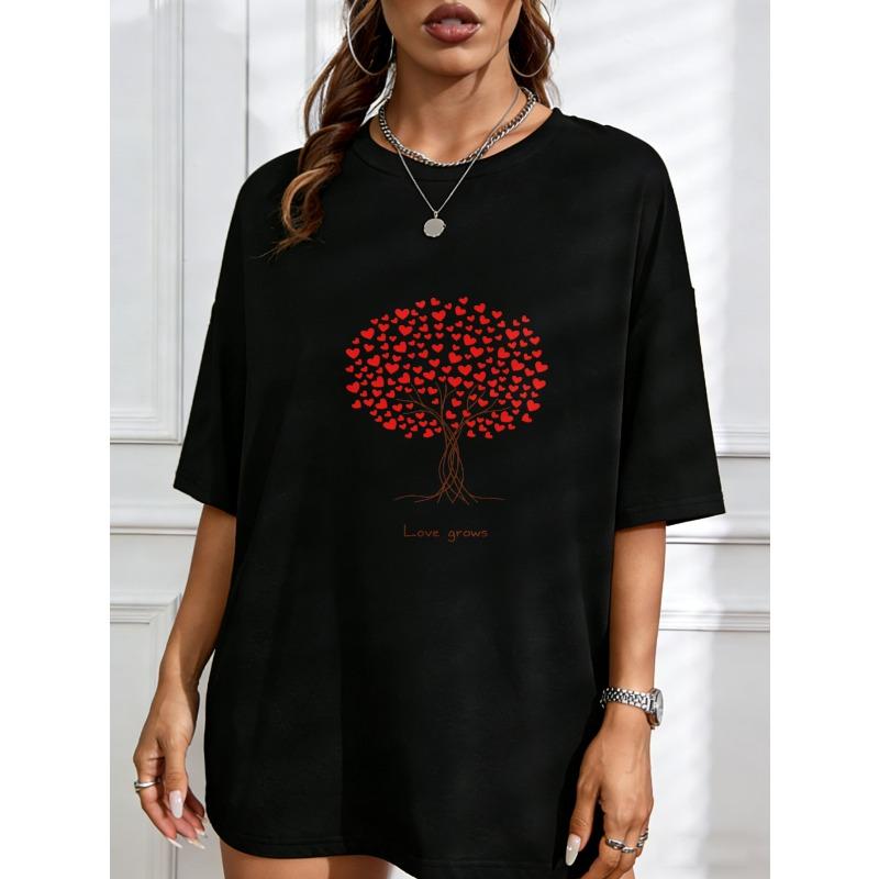 White T Shirt With Love Tree Heart Pattern And Love Grows Text For Casual Wear