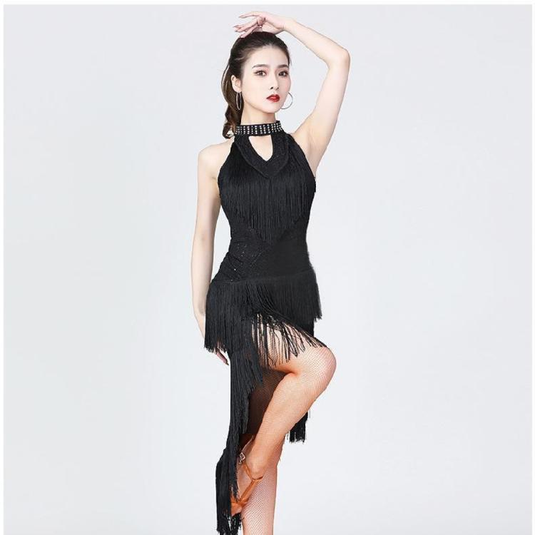 Glittering Latin Dance Dress Asymmetrical Sequins Fringe Performances Costume Breathable Polyester Stage Outfit