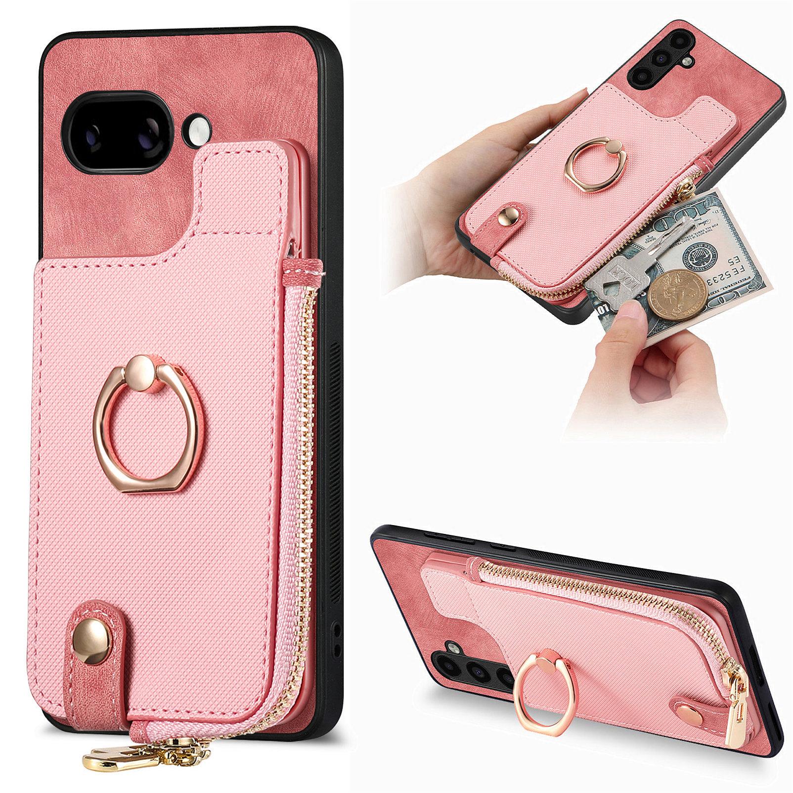 

For Google Pixel 9a Leather Phone Back Cover with Zipper Wallet and Ring Kickstand Pink