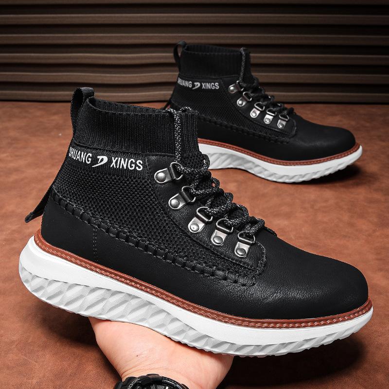 

2025 новые модные спортивные мужские туфли летающие вязаные уличные европейские туфли большого размера повседневные мужские туфли с высоким верхом вязаные туфли 40 чёрный