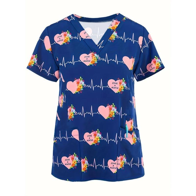 Uniformes Chirurgicaux Femme Imprimé Motifs Colorés Uniformes Chirurgicaux Col en V Manches Courtes Poche Plaquée T-shirt Médical de Bloc pour Femme