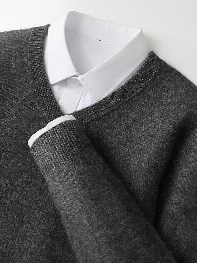 Men's 100% Pure Wool V-Neck Sweater, Medium Thickness, Versatile Solid Color Knitwear for Autumn and Winter