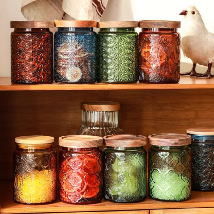 Retro Stijlen Glazen Snoeppot Canister SStorage Container Embossed Luchtdicht Houten Deksel Voor Huisdecoratie