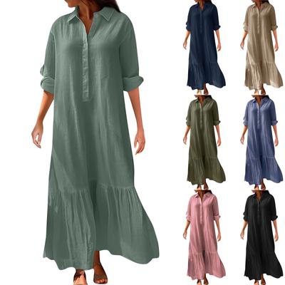 Women's New Half Sleeve Irregular Shirt Button Casual Cotton And Linen Long Dress