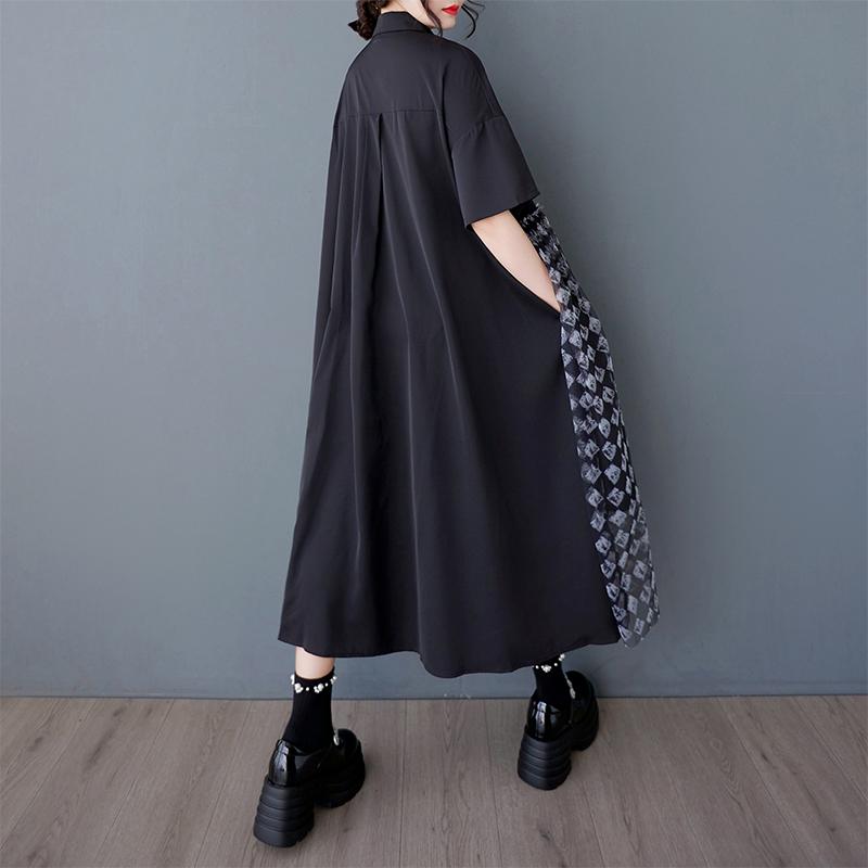 DIMANAF 2025 Plus Size Dress Women Summer Long Shirt Dress Lace Spliced Casual Loose Vintage Dress Maxi