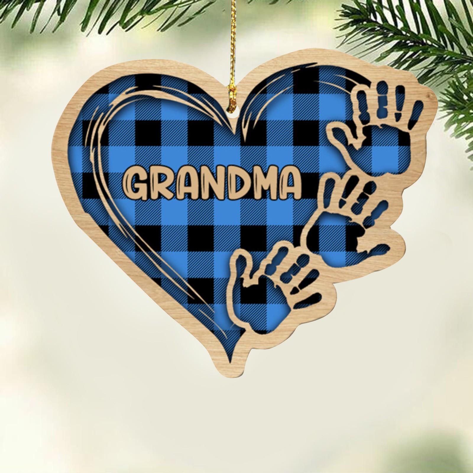 Grandma Mother Heart Handprint Personalized Wooden Pendant Holiday Gift Collection Decoration