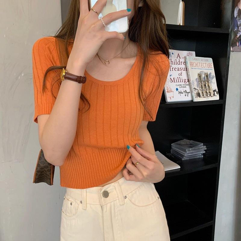 French Waist Top Summer Women's New U Neck Thin Ice Silk Knit Short Sleeve T-shirt Square Neck Short Shirt