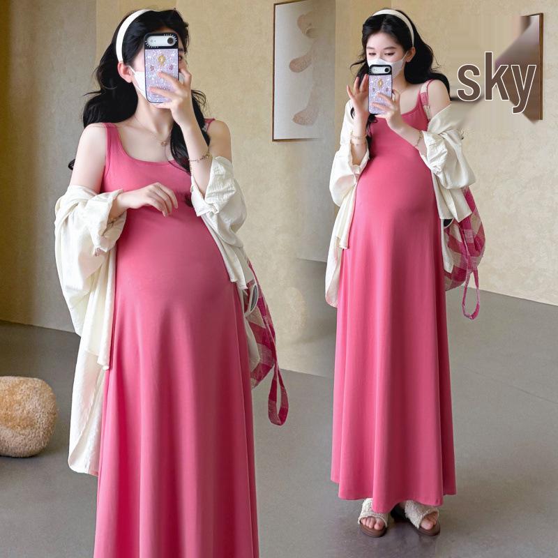 Maternity Summer Sun Protection Cardigan & Vest Dress Set - Casual Two-Piece Skirt