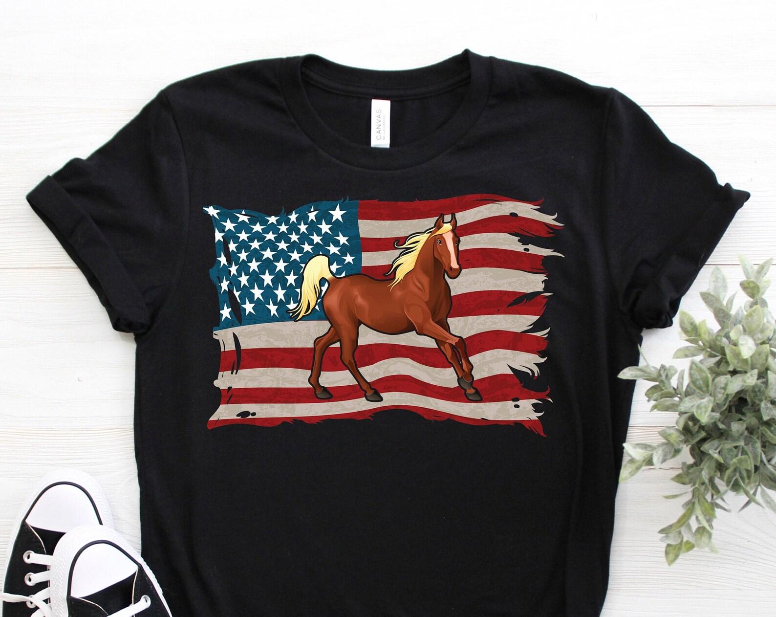 American Flag USA Horses T-Shirt, Equestrian Vaulting Gifts, Horse Riding Show, Horseback Sport, Rider Present, Jumping Barrel Racer Lover, 130