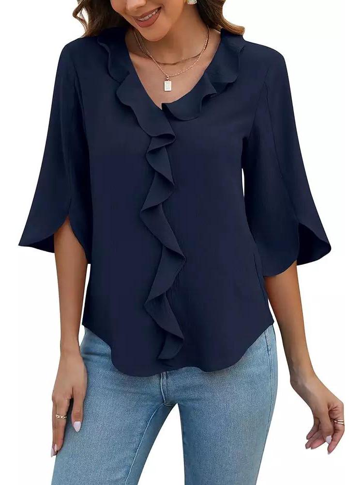 European & American Women's Artistic V-neck Ruffle Casual Shirt