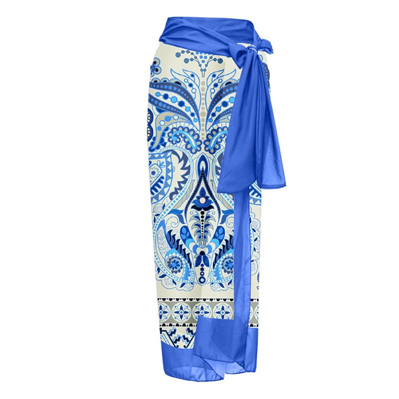 

Европейская и американская праздничная женская пляжная юбка с принтом и завязками One Size синий