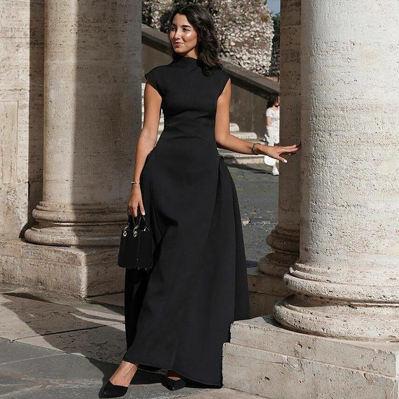 

European and American style women s clothing autumn new solid color sleeveless fashion temperament dress slim pleated long dress S чёрный