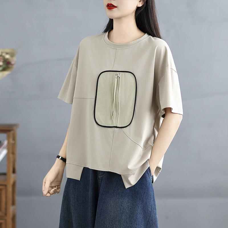 DIMANAF 2025 Summer Plus Size T-Shirt Asymmetrical Women Short Sleeve O-Neck Short Loose Solid Tops Tees