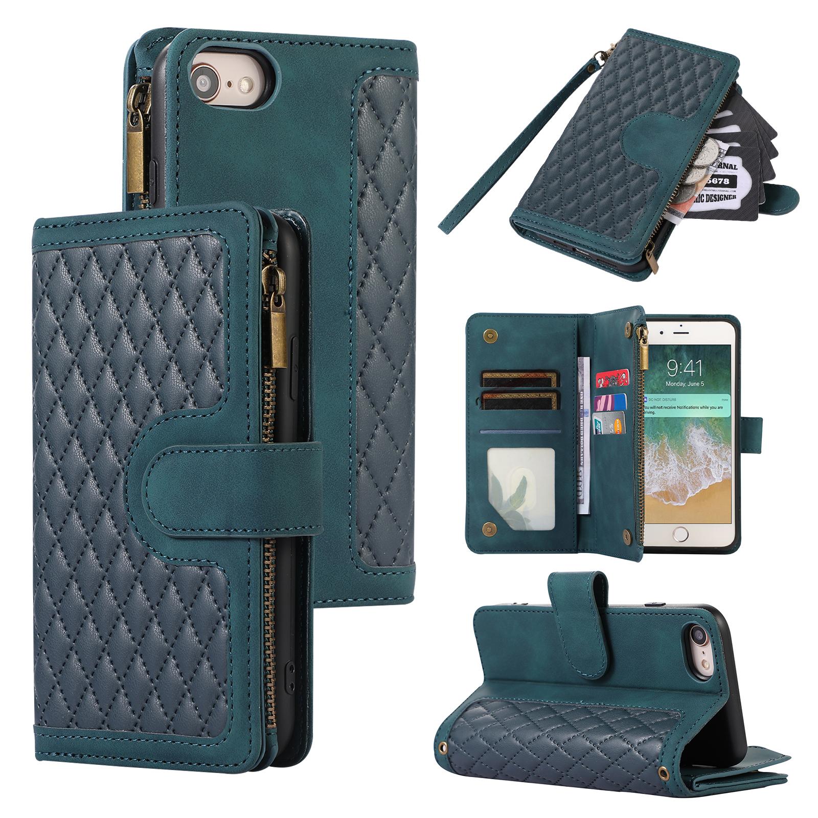 

For iPhone 16e Case 9 Card Slots Rhombus Design Leather Phone Cover with Wrist Strap E