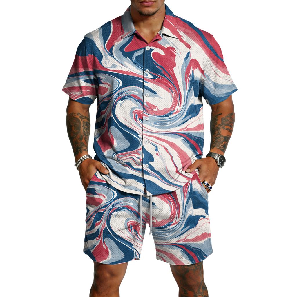 Men’s Short Sleeve Button Down Shirt and Shorts Set Abstract Swirl Print Lightweight Two Piece Outfit for Summer Beachwear