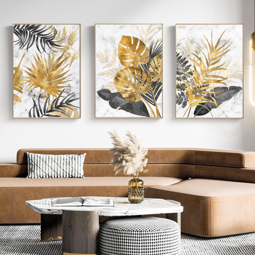 Golden Abstract Tropical Palm Leaf Canvas Paintings Modern Interior Home Wall Decor Art Posters Prints Pictures Cuadros No Frame