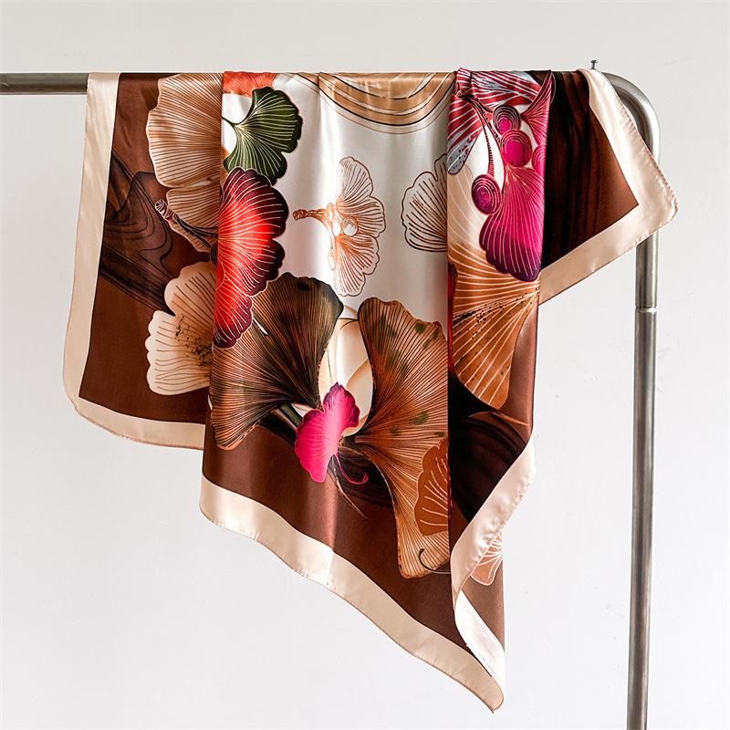

Korean Style Satin Printed Silk Scarf, Ginkgo Scarf, Shawl, Sunscreen, Large Square Scarf, 90 Satin Imitation Silk Headscarf, Women 90*90cm