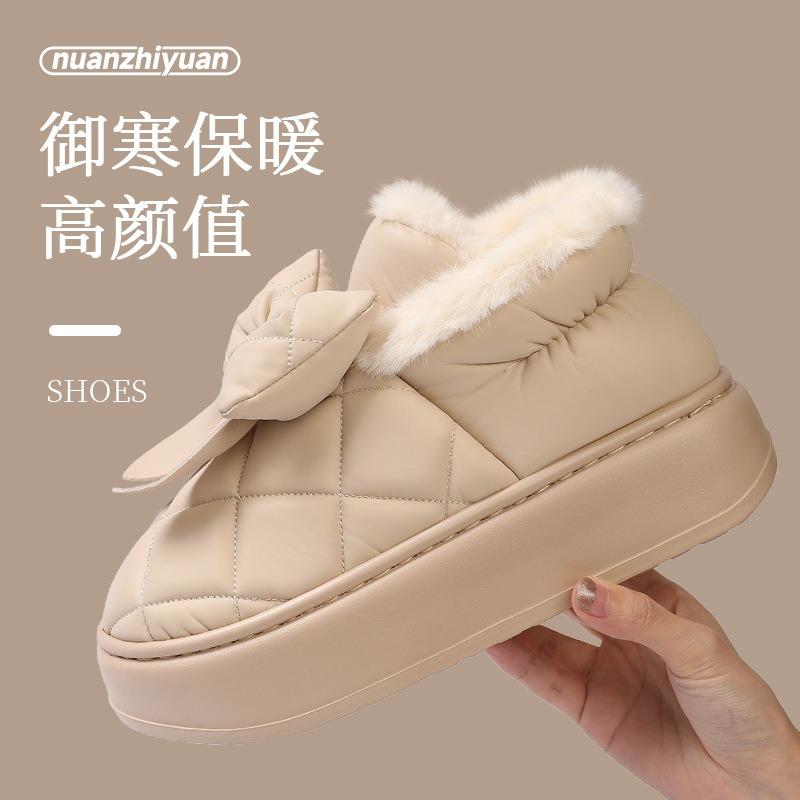 

Warm edge outer wear bag heel cotton slippers women s winter warm velvet waterproof bow platform cotton shoes 40-41 бежевый