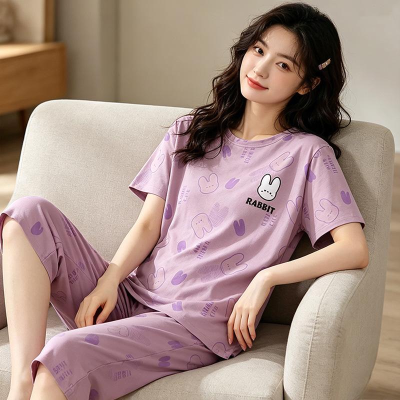Summer casual comfortable cotton women's pajamas gentle and cute cartoon round neck short-sleeved cropped pants three-piece loungewear