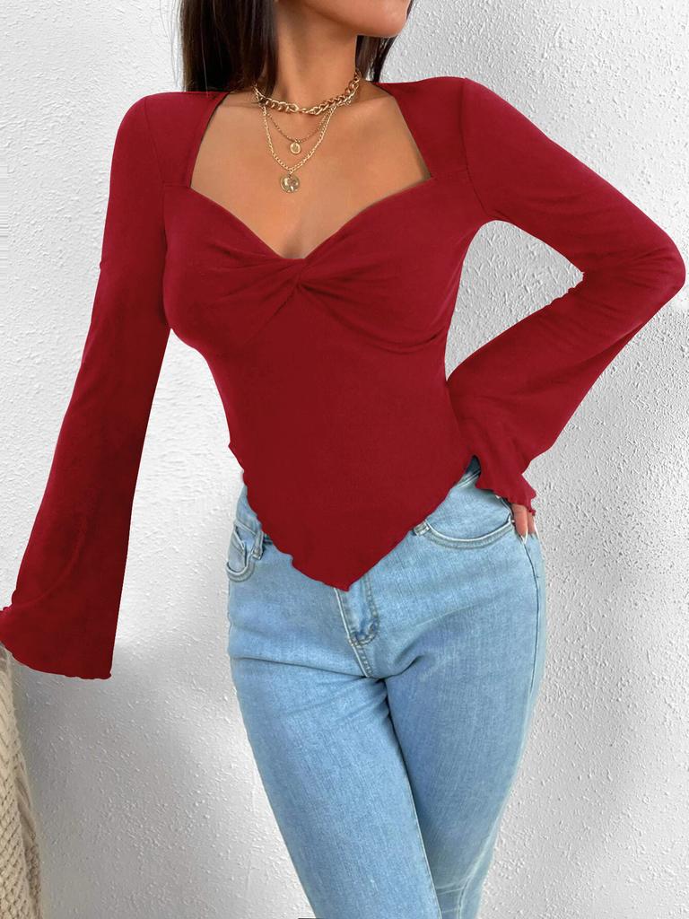 T-shirt Vacation V-neck Flared Sleeve Waisted Irregular Knit Long-sleeved T-shirt Tops