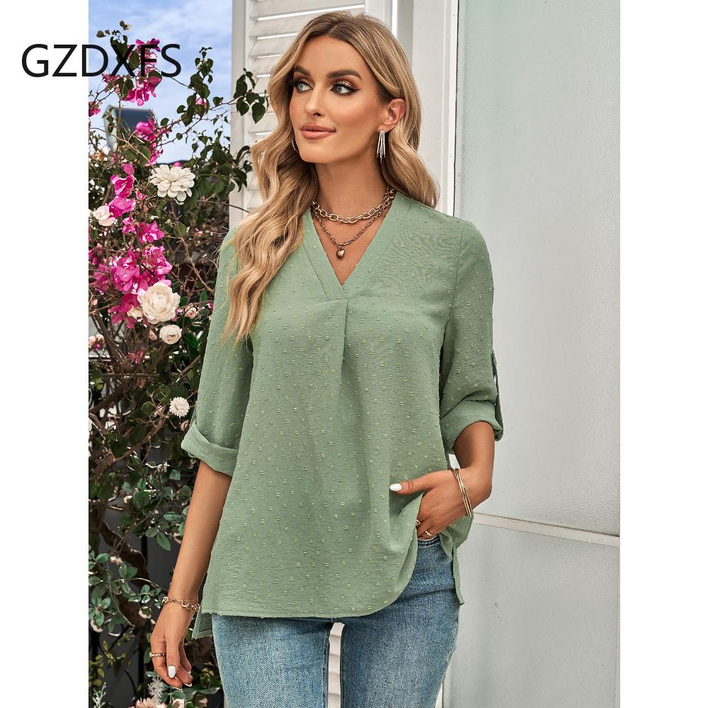 DX-Spring/Summer New Women's Fashion Solid Loose V-neck 3/4 Sleeve Top