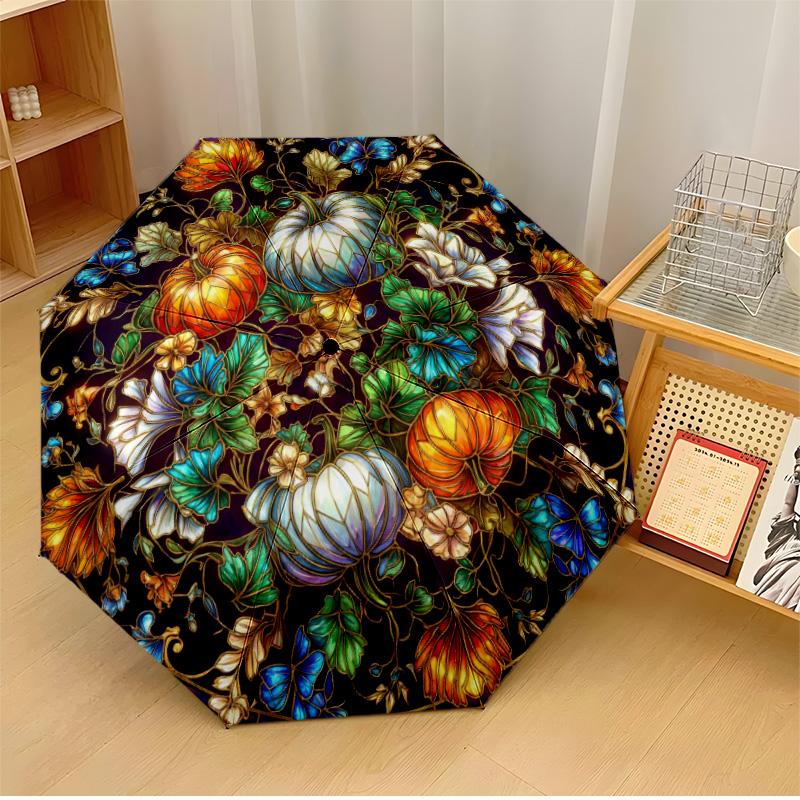 

Stained Glass Autumn Pumpkins Printed umbrella windproof folding umbrella portable sun and rain umbrella suitable for gifting
