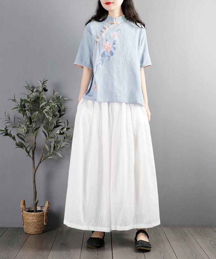 Women's Summer Zen Style Cotton Linen Cheongsam Top - Short Sleeve Embroidered Chinese Buttoned Shirt