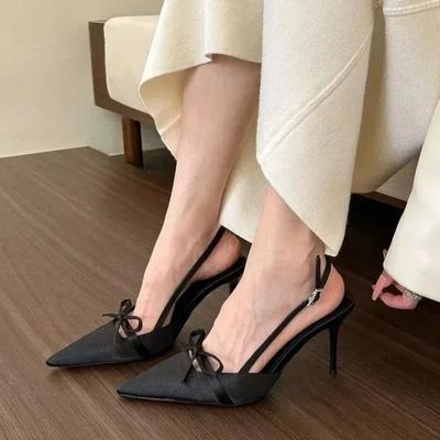 Satin Pointed Toe High Heeled Sandals Women Summer New Sexy Thin Heels Slingback Shoes Bow Elegant Party Dress Shoes Women Pumps