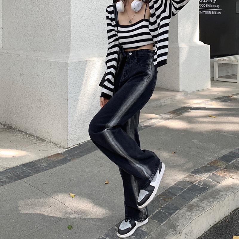 Women's Black High-Waist Straight Wide-Leg Jeans - Spring/Summer 2022 Trendy Versatile Loose Fit