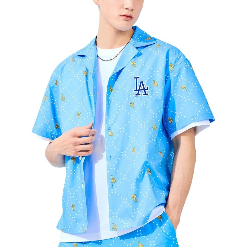 MLB Los Angeles Dodgers Common Mega Diamond Monogram Letter Pattern Printed Button-Up Short Sleeve Shirt Women Shirts Blue 3AWSM0533-07SBS