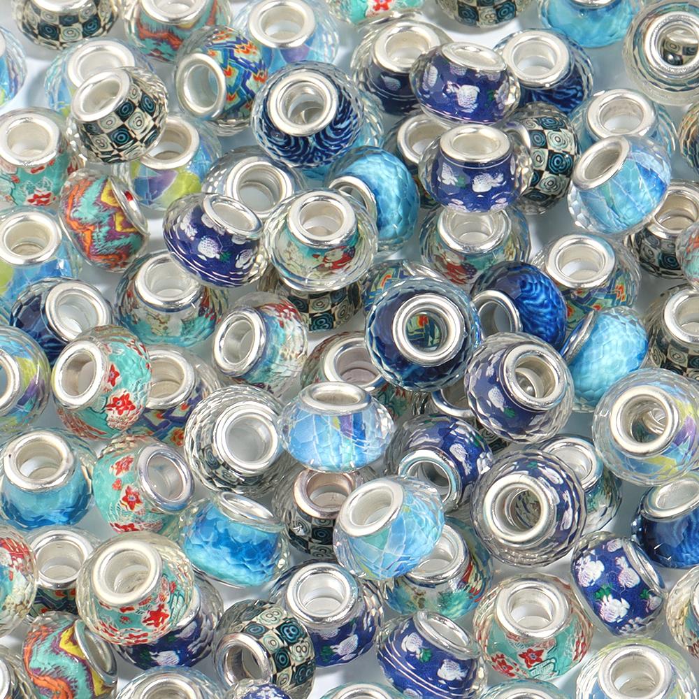 10Pcs/Lot 14×9mm Resin Cut Beads Blue Series Printed Large Hole Loose Spacer Beads For Diy Handmade Bracelet Jewelry Accessories