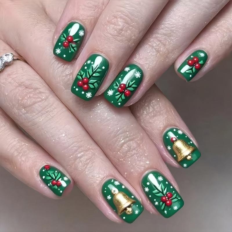 

Festive Holiday Press On Nail Set Of 24 Snowflake Green Bell Cherries Art ABS Artificial Nail For Christmas 1