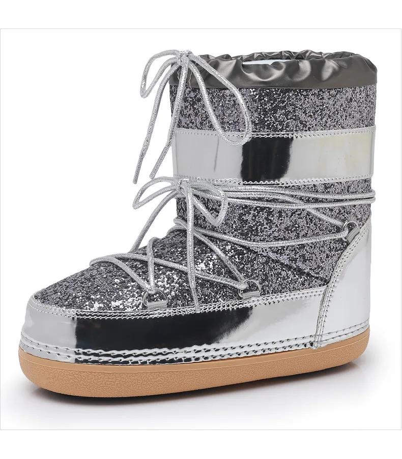 

Winter Women Sequined Snow Boots Parents and Children Thick Bottom Lace Up Flats Comfortable Soft Sole Outside Cotton Shoes 35-36 серебряный