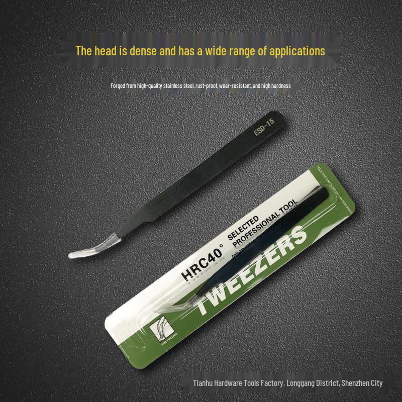 Stainless Steel Black ESD Bent Pointed Tweezers - Anti-static Mobile Phone Repair & Nail Art Tool