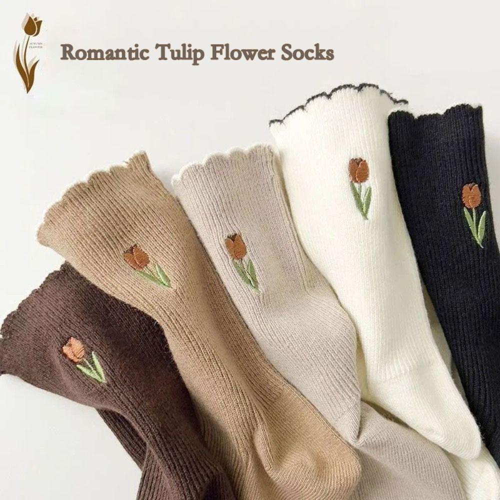 5pairs Crew Length Mid Tube Socks Tulip Floral Embroidery Ruffle Socking  Autumn Winter