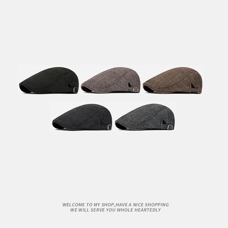 Herringbone Beret Men's Autumn Winter Warm Cap British Retro Wool Newsboy Cap Middle-Aged and Old Age Forward Cap