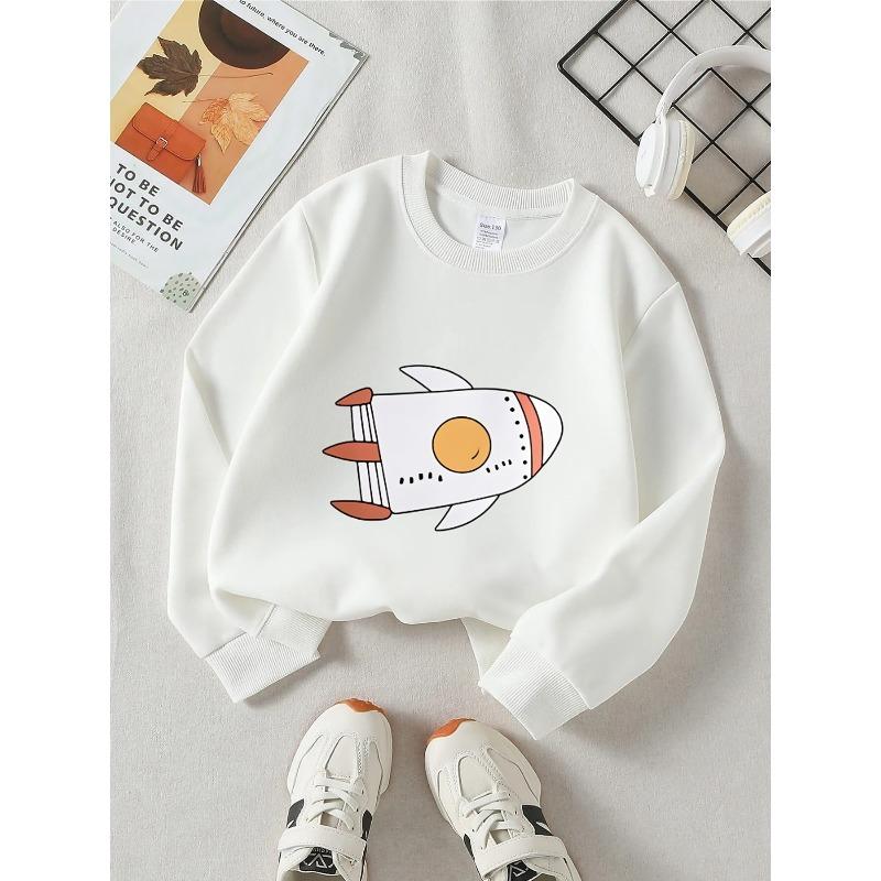 European sizes Kids' Crewneck Sweatshirt - Rocket Ship Pattern Print Design , Sportswear And Casual Wear, Soft And Comfortable, Clothing, Teenagers